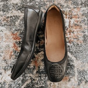 Clarks Black Leather Squared Toe Ballet Flats